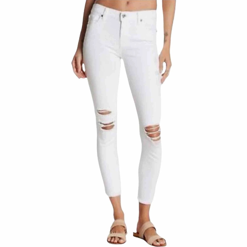 7 For All Mankind Gwenevere White Frayed Hem Destroyed Stretch Ankle Jeans 28